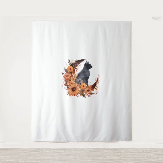 黒猫オンフローラムーンパンプキンブラックキャットハロー タペストリー (正面)