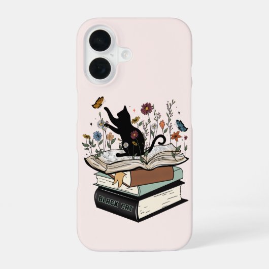 黒猫オンブックおもしろい猫 iPhone 16ケース (裏面)