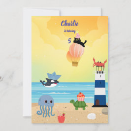 黒猫オンホットエアバルーン海の動物の誕生日 招待状
