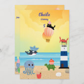 黒猫オンホットエアバルーン海の動物の誕生日 招待状 (正面/裏面)