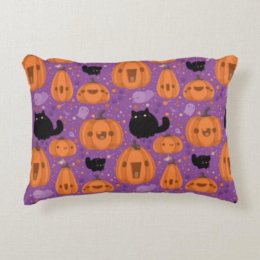黒猫カボチャと幽霊柄 アクセントクッション (正面)