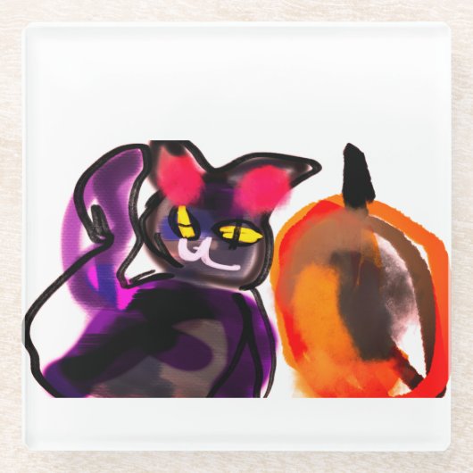 黒猫カボチャの喜び ガラスコースター (正面)