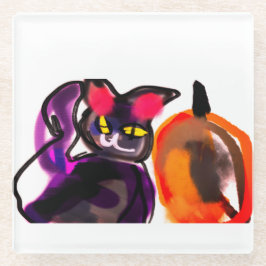 黒猫カボチャの喜び ガラスコースター