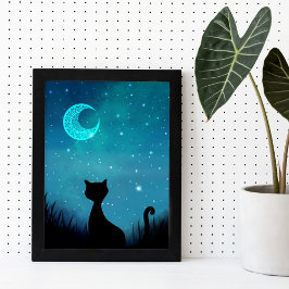 黒猫キラキラ星空モダンイラストレーション ポスター