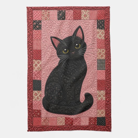 黒猫キルト キッチンタオル (縦)