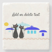 黒猫ギリシャパーソナライズされた情景 ストーンコースター (正面)