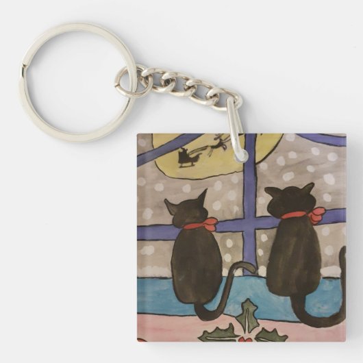 黒猫クリスマスアクリルキーリング キーホルダー (正面)