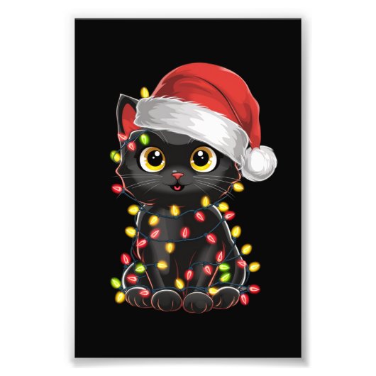 黒猫クリスマスツリーライトサンタおもしろいキッテン フォトプリント            (正面)