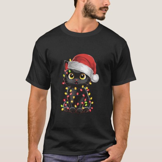 黒猫クリスマスツリーライトサンタおもしろいキッテン Tシャツ (正面)
