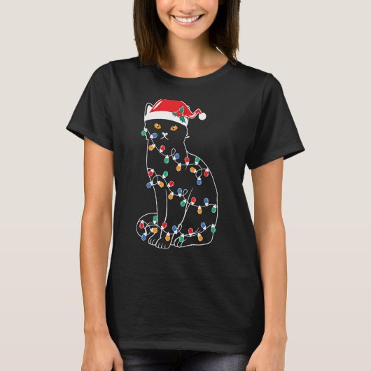 黒猫クリスマスツリーライトサンタ子猫Led Tシャツ (正面)
