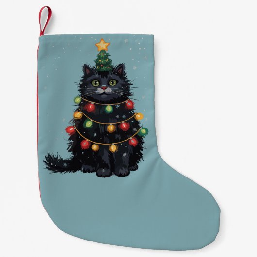 黒猫クリスマスツリー油絵変更 スモールクリスマスストッキング (正面)