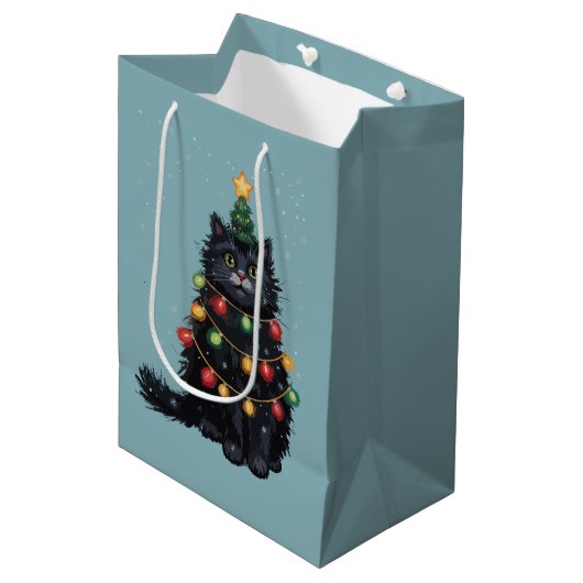黒猫クリスマスツリー油絵変更 ミディアムペーパーバッグ (正面アングル)