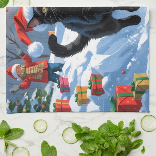 黒猫クリスマスフェスティバル雪のシーン キッチンタオル (折り畳み)