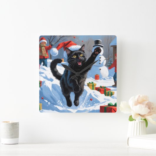 黒猫クリスマスフェスティバル雪のシーン スクエア壁時計 (ホーム)