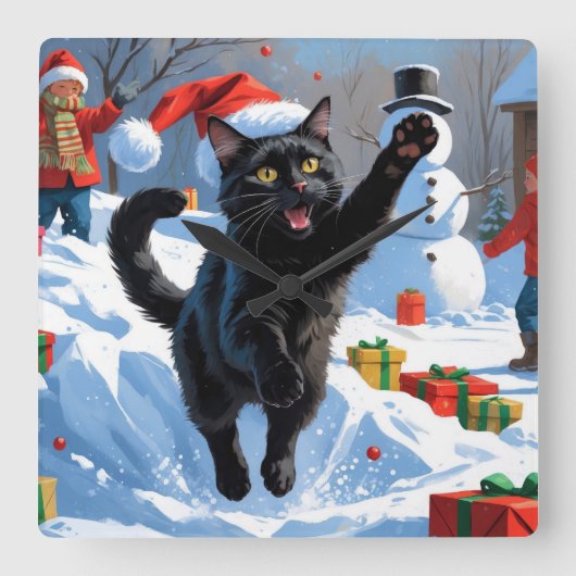 黒猫クリスマスフェスティバル雪のシーン スクエア壁時計 (正面)