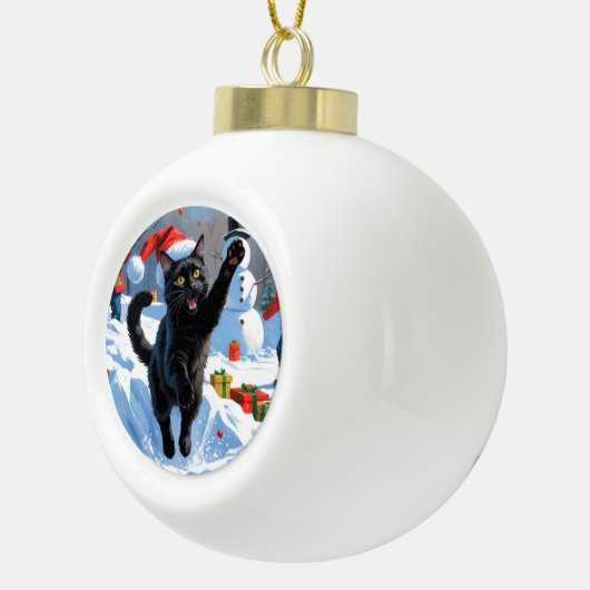 黒猫クリスマスフェスティバル雪のシーン セラミックボールオーナメント (右)