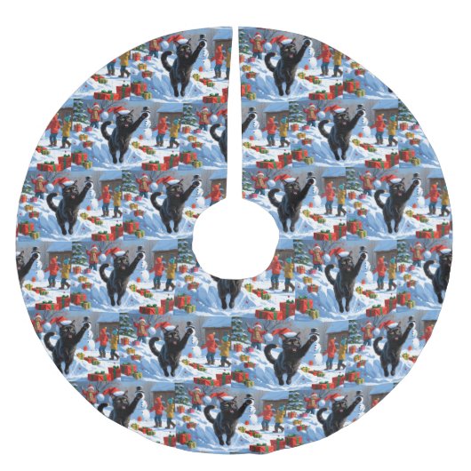 黒猫クリスマスフェスティバル雪のシーン ブラッシュドポリエステルツリースカート (正面)