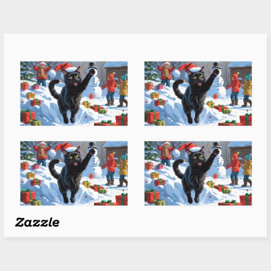 黒猫クリスマスフェスティバル雪のシーン 長方形シール (シート)