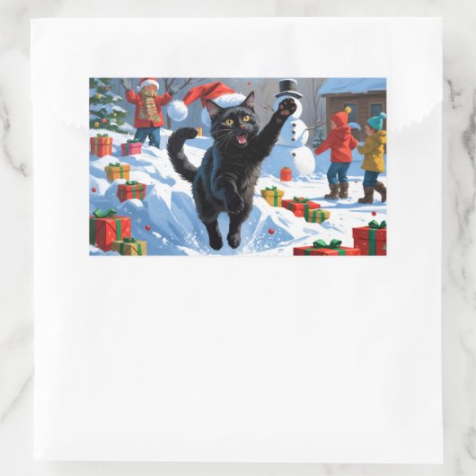黒猫クリスマスフェスティバル雪のシーン 長方形シール (バッグ)