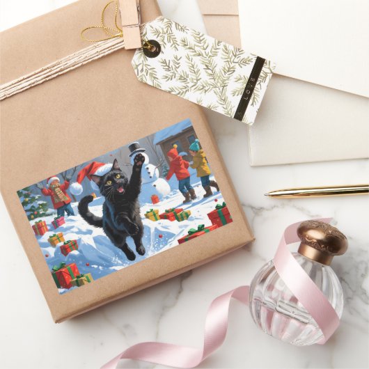 黒猫クリスマスフェスティバル雪のシーン 長方形シール (ギフト)