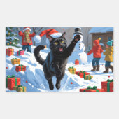 黒猫クリスマスフェスティバル雪のシーン 長方形シール (正面)