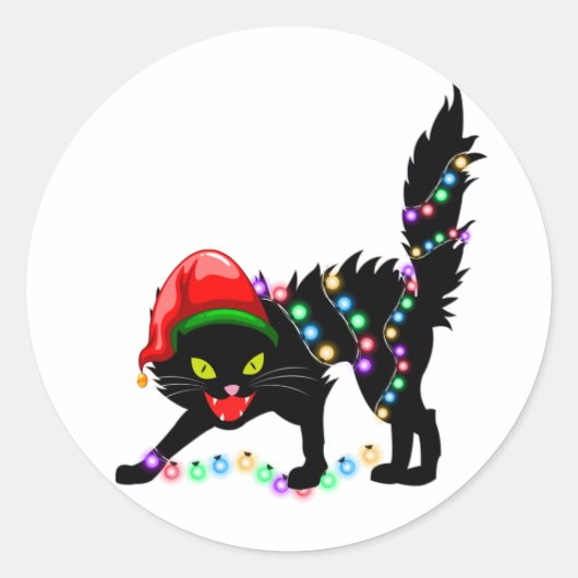 黒猫クリスマスライトクラシックラウンドステッカー ラウンドシール (正面)