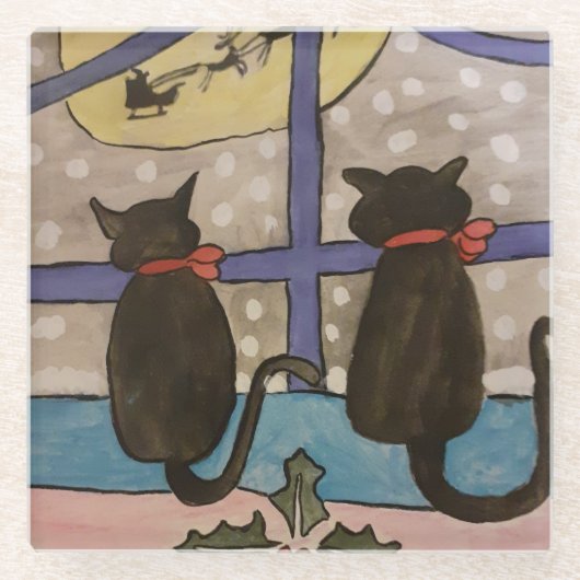 黒猫クリスマス ガラスコースター (正面)