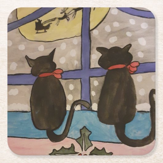 黒猫クリスマス スクエアペーパーコースター (正面)