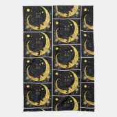 黒猫クレセントムーンフローラホワイトハロウィン キッチンタオル (縦)