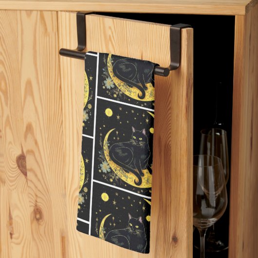 黒猫クレセントムーンフローラホワイトハロウィン キッチンタオル (三つ折り)