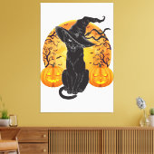 黒猫コスチューム怖いハロウィンウィッチハットムーン キャンバスプリント (インサイチュ (リビング))