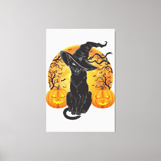 黒猫コスチューム怖いハロウィンウィッチハットムーン キャンバスプリント