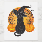 黒猫コスチューム怖いハロウィンウィッチハットムーン ワインラベル (シングルラベル)