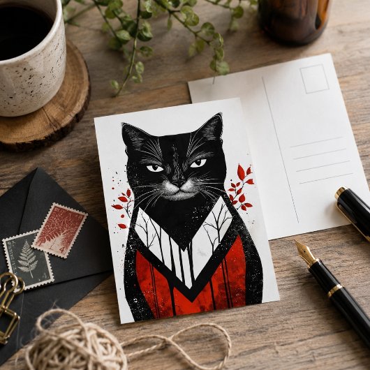 黒猫ゴシックアート 赤黒モダンなネコ ポストカード