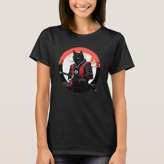 黒猫サムライ 笑うペット戦士 Tシャツ (正面)