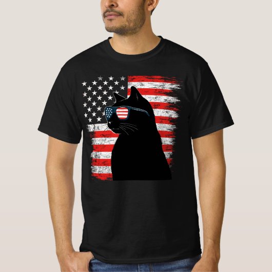 黒猫サングラス アメリカ国旗 7月4日 Tシャツ (正面)