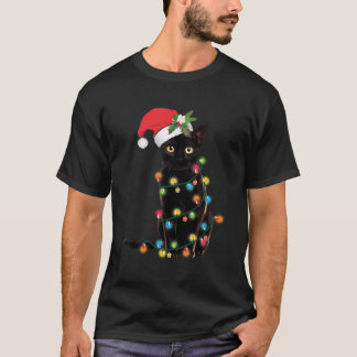 黒猫サンタが光に絡まった Tシャツ