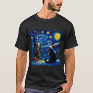 黒猫サンタ帽子ゴッホの星月夜 クリスマス Tシャツ