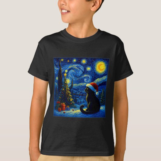 黒猫サンタ帽子ゴッホの星空のクリスマス Tシャツ (正面)