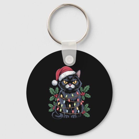 黒猫サンタ帽子 クリスマスツリーのライト 面白いペット キーホルダー (正面)