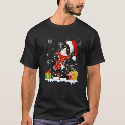 黒猫サンタ帽子 クリスマス ライト Xmas 女子 Tシャツ (正面)