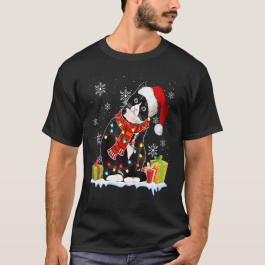 黒猫サンタ帽子 クリスマス ライト Xmas 女子 Tシャツ (正面)