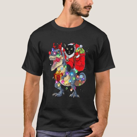 黒猫サンタ恐竜に乗る クリスマス Tシャツ (正面)