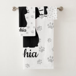 黒猫シルエットピンクバタフライ尾&前足 バスタオルセット