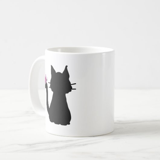 黒猫シルエットピンクバタフライ コーヒーマグカップ (正面左)