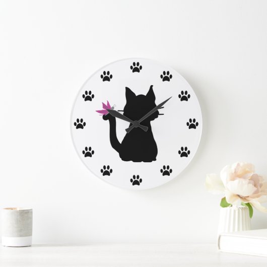 黒猫シルエットピンクバタフライ ラージ壁時計 (ホーム)