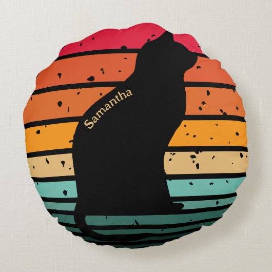 黒猫シルエット動揺してオンレインボー ラウンドクッション (裏面)