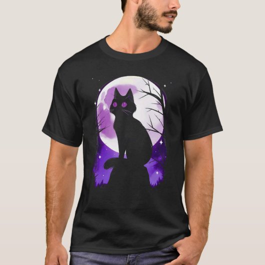 黒猫シルエット満月ハロウィンシンプルなデザイン Tシャツ (正面)