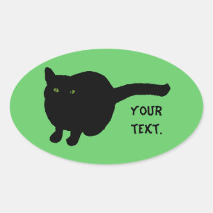黒猫シルエット緑色の目あなたのテキストシール 楕円形シール