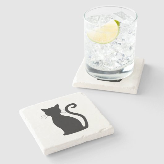 黒猫シルエット黒白かわいい ストーンコースター (横)